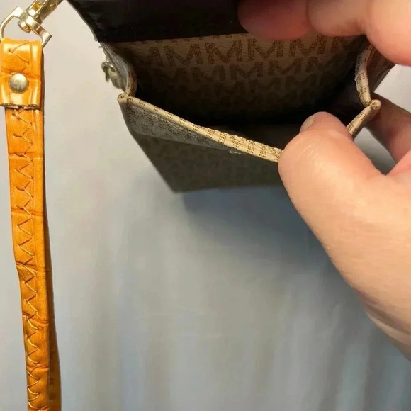 MKF Collection Phone Wallet Crossbody Bag Tan “M” Logo Faux Leather EUC - Picture 10 of 16